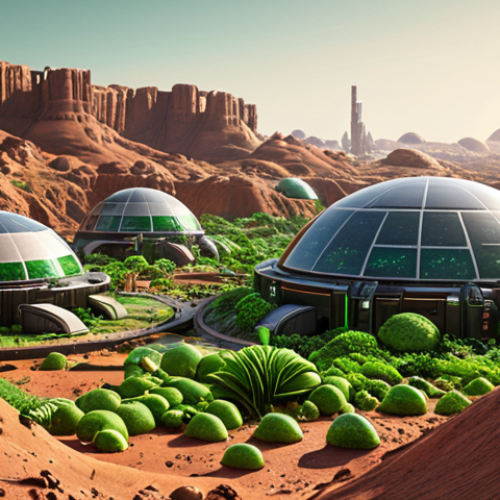 ** Lush, green terraformed Mars landscape. Domed city in the background. Advanced 3D printing robots constructing structures. Focus on vibrant, thriving ecosystem.

**
