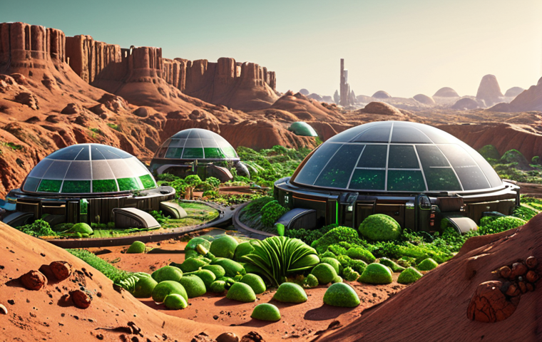 ** Lush, green terraformed Mars landscape. Domed city in the background. Advanced 3D printing robots constructing structures. Focus on vibrant, thriving ecosystem.

**