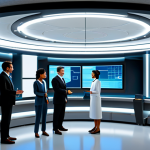 A diverse group of professional adults, men and women from various cultural backgrounds, in a brightly lit, spacious common area within a sophisticated modular space station. They are fully clothed in professional, modest, futuristic utilitarian attire with subtle cultural design elements, engaged in conversation or working together harmoniously. Large translucent screens display data, possibly AI interfaces, hinting at advanced governance. High resolution, professional studio photography, cinematic lighting, safe for work, appropriate content, family-friendly, perfect anatomy, correct proportions, natural pose, well-formed hands, proper finger count, natural body proportions.