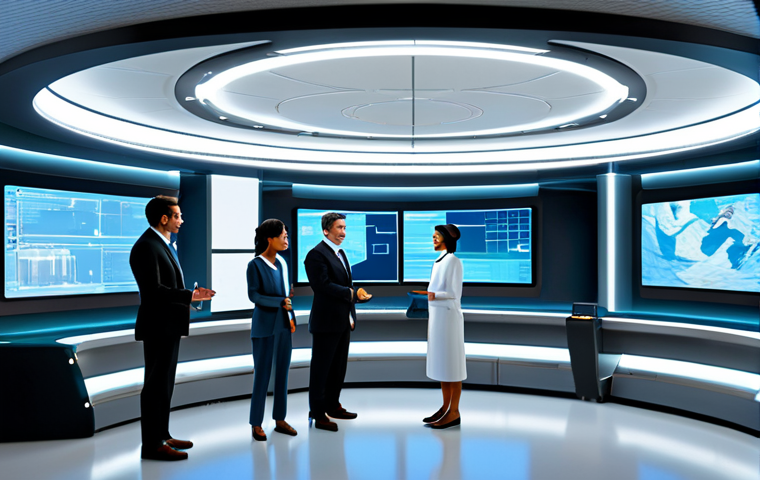 A diverse group of professional adults, men and women from various cultural backgrounds, in a brightly lit, spacious common area within a sophisticated modular space station. They are fully clothed in professional, modest, futuristic utilitarian attire with subtle cultural design elements, engaged in conversation or working together harmoniously. Large translucent screens display data, possibly AI interfaces, hinting at advanced governance. High resolution, professional studio photography, cinematic lighting, safe for work, appropriate content, family-friendly, perfect anatomy, correct proportions, natural pose, well-formed hands, proper finger count, natural body proportions.