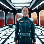 A professional female space engineer in a functional, modest, and fully clothed futuristic uniform, standing in a state-of-the-art Martian research habitat. She is surrounded by glowing advanced hydroponic systems and sophisticated control panels, with a large, reinforced window revealing the red Martian landscape outside. The scene is illuminated by soft, innovative lighting. Perfect anatomy, correct proportions, natural pose, well-formed hands, proper finger count, natural body proportions, professional photography, high detail, high resolution, safe for work, appropriate content, fully clothed, modest clothing, family-friendly.