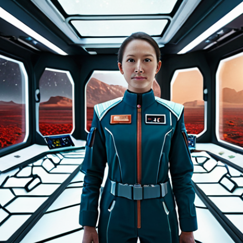 A professional female space engineer in a functional, modest, and fully clothed futuristic uniform, standing in a state-of-the-art Martian research habitat. She is surrounded by glowing advanced hydroponic systems and sophisticated control panels, with a large, reinforced window revealing the red Martian landscape outside. The scene is illuminated by soft, innovative lighting. Perfect anatomy, correct proportions, natural pose, well-formed hands, proper finger count, natural body proportions, professional photography, high detail, high resolution, safe for work, appropriate content, fully clothed, modest clothing, family-friendly.