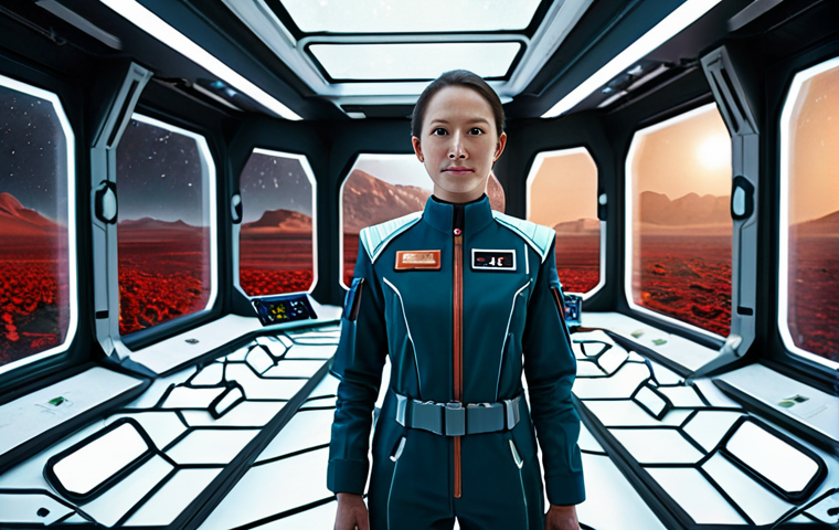 A professional female space engineer in a functional, modest, and fully clothed futuristic uniform, standing in a state-of-the-art Martian research habitat. She is surrounded by glowing advanced hydroponic systems and sophisticated control panels, with a large, reinforced window revealing the red Martian landscape outside. The scene is illuminated by soft, innovative lighting. Perfect anatomy, correct proportions, natural pose, well-formed hands, proper finger count, natural body proportions, professional photography, high detail, high resolution, safe for work, appropriate content, fully clothed, modest clothing, family-friendly.