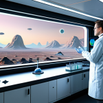 A professional male scientist, fully clothed in a modest lab coat over a smart shirt and trousers, respectfully observing a shimmering holographic display of intricate alien microbial life forms within a futuristic, sterile research laboratory. The lab features sleek, clean surfaces and advanced scientific equipment, with a large window offering a breathtaking view of a serene, untouched alien landscape under a distant sun. safe for work, appropriate content, perfect anatomy, correct proportions, natural pose, well-formed hands, proper finger count, natural body proportions, professional photography, high quality, family-friendly.