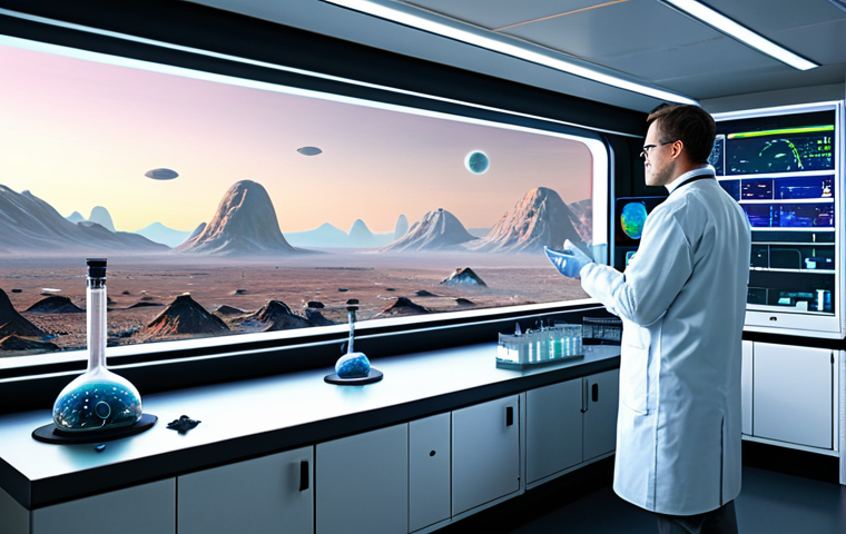 A professional male scientist, fully clothed in a modest lab coat over a smart shirt and trousers, respectfully observing a shimmering holographic display of intricate alien microbial life forms within a futuristic, sterile research laboratory. The lab features sleek, clean surfaces and advanced scientific equipment, with a large window offering a breathtaking view of a serene, untouched alien landscape under a distant sun. safe for work, appropriate content, perfect anatomy, correct proportions, natural pose, well-formed hands, proper finger count, natural body proportions, professional photography, high quality, family-friendly.