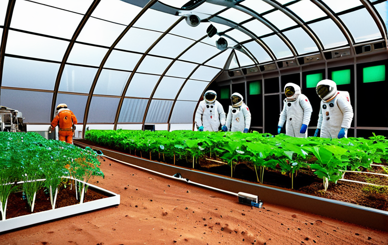 **Theme: Resource Allocation & Ethics**
    "A diverse team of fully clothed astronauts and scientists collaborating in a bright, high-tech biodome on Mars. They are analyzing data and tending to plants, showcasing sustainable resource management. The scene emphasizes collaboration and problem-solving. Safe for work, appropriate content, professional, perfect anatomy, natural proportions, family-friendly."