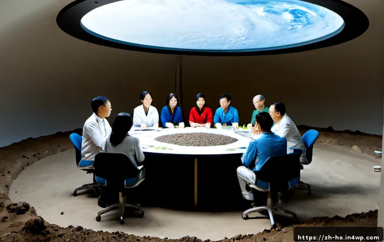 우주 식민지 개발의 과학적 책임 - Photorealistic lunar colony planning meeting, diverse international scientists and engineers seated ...