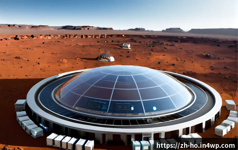 우주 식민지에서의 기술 발전과 윤리적 고려 - Photorealistic interior of a thriving Mars colony research hub, diverse engineers and ethicists in m...